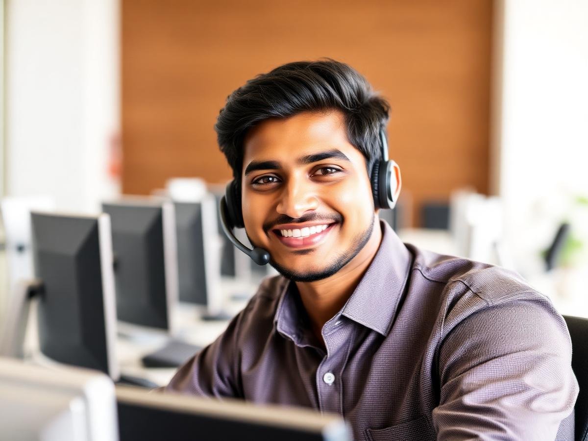 Sales agent at his desk wearing a headset