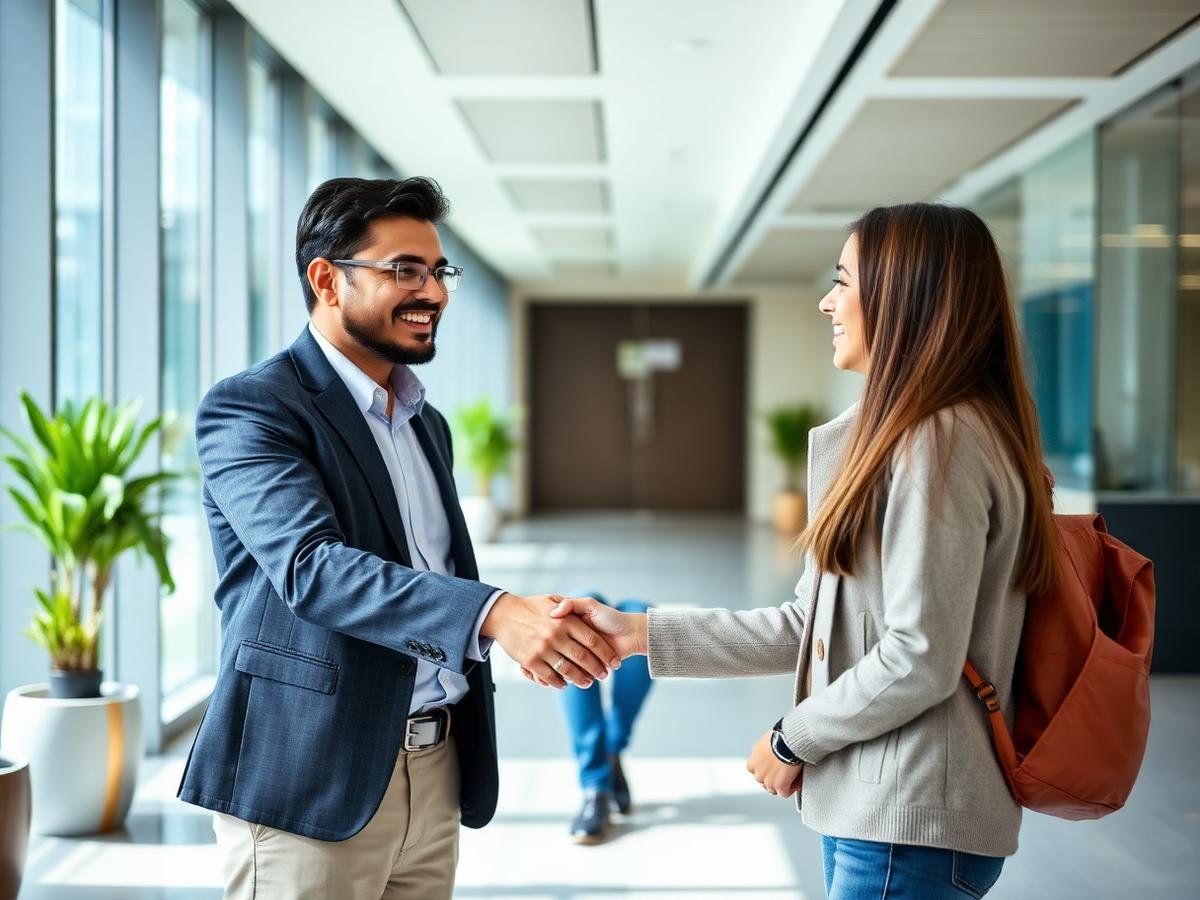 Recruiter welcoming a new candidate in an office lobby